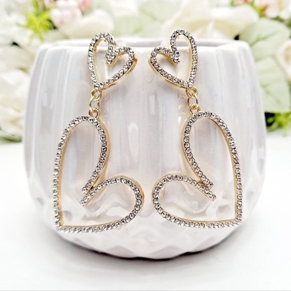 Gold Hoop chunky earrings dangle rhinestone Hearts Romantic statement 💖2/$30 - Picture 3 of 16